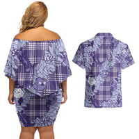 Purple Palaka Hawaii Cowboy Christmas Couples Matching Off Shoulder Short Dress and Hawaiian Shirt Paniolo Mix Maile Lei LT7 - Polynesian Pride