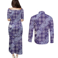 Purple Palaka Hawaii Cowboy Christmas Couples Matching Puletasi and Long Sleeve Button Shirt Paniolo Mix Maile Lei - Polynesian Pride