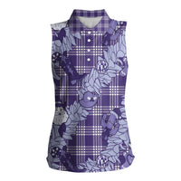 Purple Palaka Hawaii Cowboy Christmas Women Sleeveless Polo Shirt Paniolo Mix Maile Lei - Polynesian Pride
