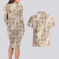 Khaki Palaka Hawaii Cowboy Christmas Couples Matching Long Sleeve Bodycon Dress and Hawaiian Shirt Paniolo Mix Maile Lei LT7 - Polynesian Pride