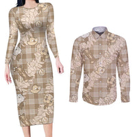 Khaki Palaka Hawaii Cowboy Christmas Couples Matching Long Sleeve Bodycon Dress and Long Sleeve Button Shirt Paniolo Mix Maile Lei LT7 Beige - Polynesian Pride