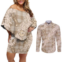 Khaki Palaka Hawaii Cowboy Christmas Couples Matching Off Shoulder Short Dress and Long Sleeve Button Shirt Paniolo Mix Maile Lei - Polynesian Pride
