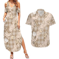 Khaki Palaka Hawaii Cowboy Christmas Couples Matching Summer Maxi Dress and Hawaiian Shirt Paniolo Mix Maile Lei LT7 Beige - Polynesian Pride