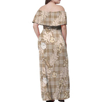 Khaki Palaka Hawaii Cowboy Christmas Family Matching Off Shoulder Maxi Dress and Hawaiian Shirt Paniolo Mix Maile Lei - Polynesian Pride