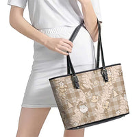 Khaki Palaka Hawaii Cowboy Christmas Leather Tote Bag Paniolo Mix Maile Lei - Polynesian Pride