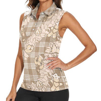 Khaki Palaka Hawaii Cowboy Christmas Women Sleeveless Polo Shirt Paniolo Mix Maile Lei - Polynesian Pride