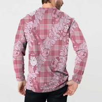 Pink Palaka Hawaii Cowboy Christmas Button Sweatshirt Paniolo Mix Maile Lei - Polynesian Pride