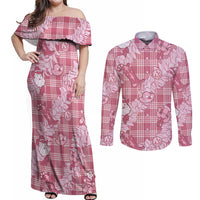 Pink Palaka Hawaii Cowboy Christmas Couples Matching Off Shoulder Maxi Dress and Long Sleeve Button Shirt Paniolo Mix Maile Lei - Polynesian Pride