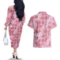 Pink Palaka Hawaii Cowboy Christmas Couples Matching Off The Shoulder Long Sleeve Dress and Hawaiian Shirt Paniolo Mix Maile Lei LT7 - Polynesian Pride
