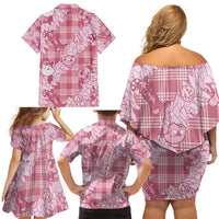 Pink Palaka Hawaii Cowboy Christmas Family Matching Off Shoulder Short Dress and Hawaiian Shirt Paniolo Mix Maile Lei - Polynesian Pride
