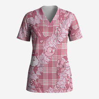 Pink Palaka Hawaii Cowboy Christmas Scrub Top Paniolo Mix Maile Lei - Polynesian Pride