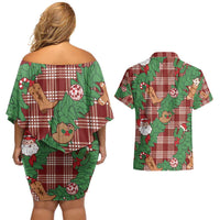 Red Palaka Hawaii Cowboy Christmas Couples Matching Off Shoulder Short Dress and Hawaiian Shirt Paniolo Mix Maile Lei - Polynesian Pride
