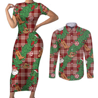 Red Palaka Hawaii Cowboy Christmas Couples Matching Short Sleeve Bodycon Dress and Long Sleeve Button Shirt Paniolo Mix Maile Lei - Polynesian Pride
