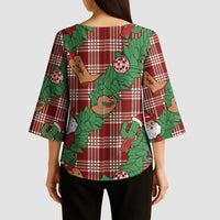 Red Palaka Hawaii Cowboy Christmas Kimono Sleeve Blouse Paniolo Mix Maile Lei - Polynesian Pride