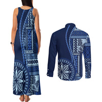 Samoa Siapo Motif Couples Matching Tank Maxi Dress and Long Sleeve Button Shirt Classic Style - Bue Ver LT7 - Polynesian Pride