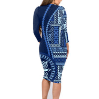 Samoa Siapo Motif Family Matching Long Sleeve Bodycon Dress and Hawaiian Shirt Classic Style - Bue Ver LT7 - Polynesian Pride