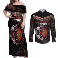 Aotearoa and Australia Indigenous Couples Matching Off Shoulder Maxi Dress and Long Sleeve Button Shirt Stand Together For Te Tiriti