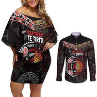 Aotearoa and Australia Indigenous Couples Matching Off Shoulder Short Dress and Long Sleeve Button Shirt Stand Together For Te Tiriti
