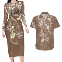 Polynesia Tribal Couples Matching Long Sleeve Bodycon Dress and Hawaiian Shirt Mocha Plumeria Tentacles