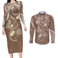 Polynesia Tribal Couples Matching Long Sleeve Bodycon Dress and Long Sleeve Button Shirt Mocha Plumeria Tentacles