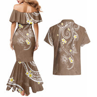 Polynesia Tribal Couples Matching Mermaid Dress and Hawaiian Shirt Mocha Plumeria Tentacles