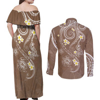 Polynesia Tribal Couples Matching Off Shoulder Maxi Dress and Long Sleeve Button Shirt Mocha Plumeria Tentacles