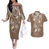 Polynesia Tribal Couples Matching Off The Shoulder Long Sleeve Dress and Hawaiian Shirt Mocha Plumeria Tentacles