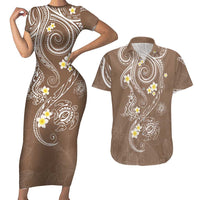 Polynesia Tribal Couples Matching Short Sleeve Bodycon Dress and Hawaiian Shirt Mocha Plumeria Tentacles