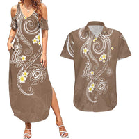 Polynesia Tribal Couples Matching Summer Maxi Dress and Hawaiian Shirt Mocha Plumeria Tentacles