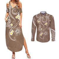 Polynesia Tribal Couples Matching Summer Maxi Dress and Long Sleeve Button Shirt Mocha Plumeria Tentacles