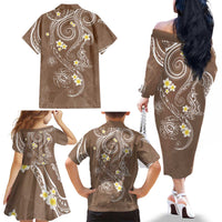 Polynesia Tribal Family Matching Off The Shoulder Long Sleeve Dress and Hawaiian Shirt Mocha Plumeria Tentacles