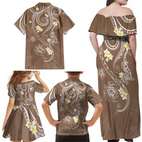 Polynesia Tribal Family Matching Off Shoulder Maxi Dress and Hawaiian Shirt Mocha Plumeria Tentacles