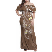 Polynesia Tribal Family Matching Off Shoulder Maxi Dress and Hawaiian Shirt Mocha Plumeria Tentacles