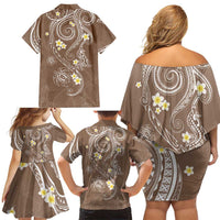 Polynesia Tribal Family Matching Off Shoulder Short Dress and Hawaiian Shirt Mocha Plumeria Tentacles