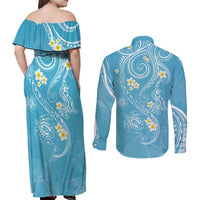 Polynesia Tribal Couples Matching Off Shoulder Maxi Dress and Long Sleeve Button Shirt Turquoise Plumeria Tentacles