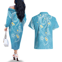 Polynesia Tribal Couples Matching Off The Shoulder Long Sleeve Dress and Hawaiian Shirt Turquoise Plumeria Tentacles