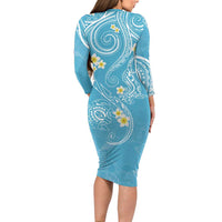 Polynesia Tribal Family Matching Long Sleeve Bodycon Dress and Hawaiian Shirt Turquoise Plumeria Tentacles
