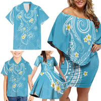 Polynesia Tribal Family Matching Off Shoulder Short Dress and Hawaiian Shirt Turquoise Plumeria Tentacles