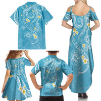 Polynesia Tribal Family Matching Summer Maxi Dress and Hawaiian Shirt Turquoise Plumeria Tentacles