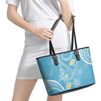 Polynesia Tribal Leather Tote Bag Turquoise Plumeria Tentacles