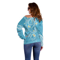 Polynesia Tribal Off Shoulder Sweater Turquoise Plumeria Tentacles