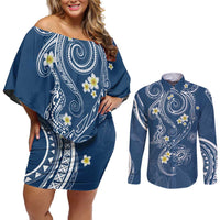 Polynesia Tribal Couples Matching Off Shoulder Short Dress and Long Sleeve Button Shirt Deep Blue Plumeria Tentacles