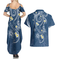 Polynesia Tribal Couples Matching Summer Maxi Dress and Hawaiian Shirt Deep Blue Plumeria Tentacles