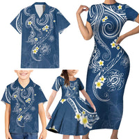 Polynesia Tribal Family Matching Short Sleeve Bodycon Dress and Hawaiian Shirt Deep Blue Plumeria Tentacles