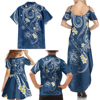 Polynesia Tribal Family Matching Summer Maxi Dress and Hawaiian Shirt Deep Blue Plumeria Tentacles