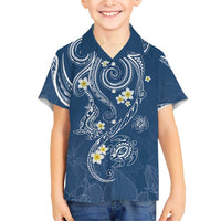 Polynesia Tribal Kid Hawaiian Shirt Deep Blue Plumeria Tentacles
