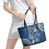 Polynesia Tribal Leather Tote Bag Deep Blue Plumeria Tentacles