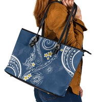 Polynesia Tribal Leather Tote Bag Deep Blue Plumeria Tentacles