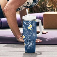 Polynesia Tribal Tumbler With Handle Deep Blue Plumeria Tentacles