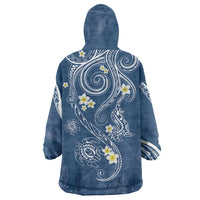 Polynesia Tribal Wearable Blanket Hoodie Deep Blue Plumeria Tentacles